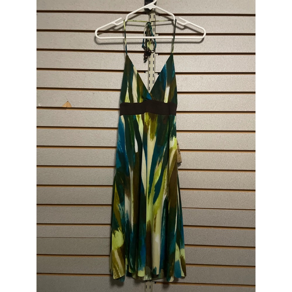 VINTAGE NWTS ELAN‎ USA Abstract Print Halter Neck Midi Dress Brown Waist Tie